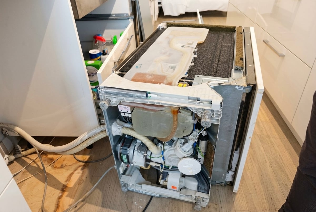 Miele dishwasher drain filter completely blocked with grease and food debris after 4 years