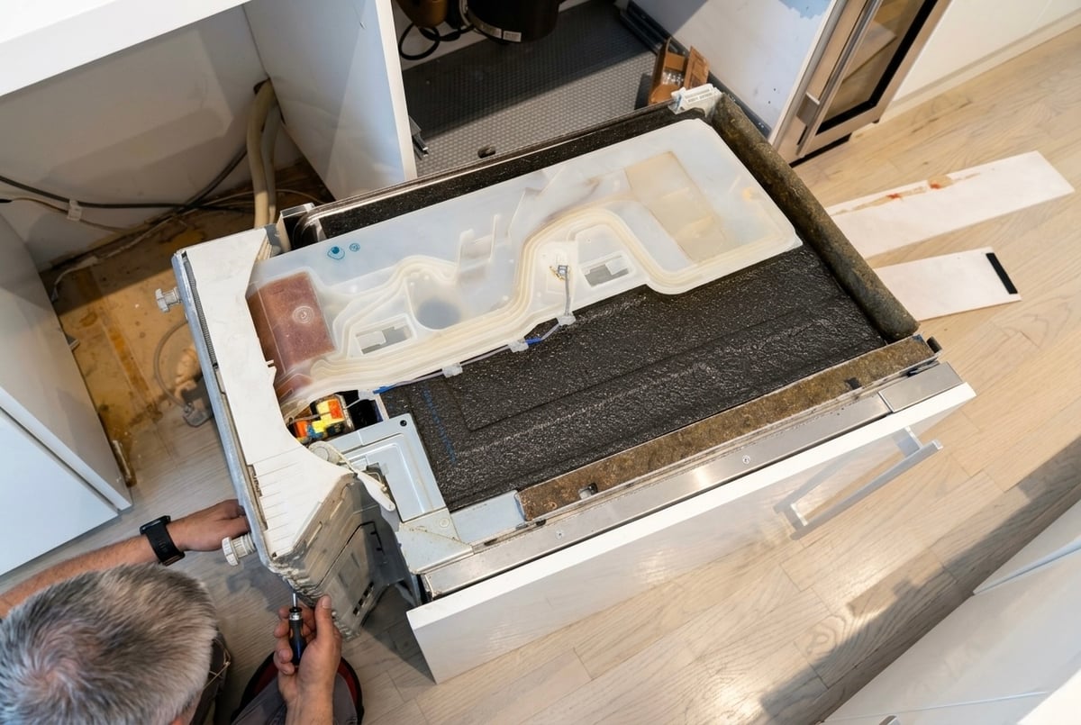 Kinked Miele dishwasher drain hose behind cabinetry — repositioned and secured